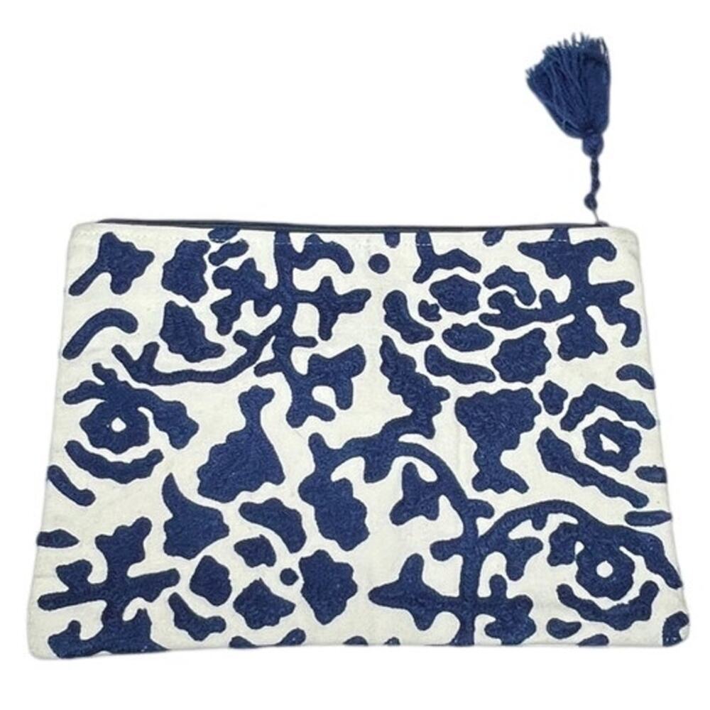 Two’s Company Blue White Cotton Tassel Pouch Bag Embroidered 11.5x8